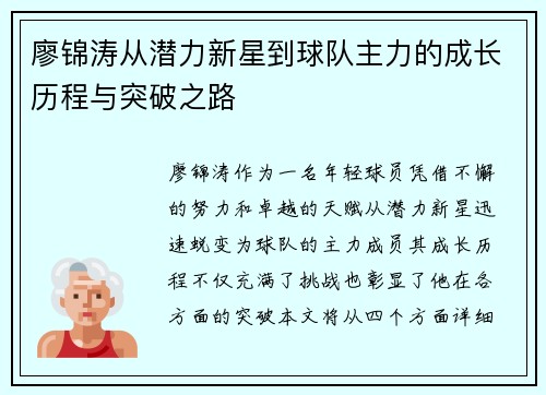 廖锦涛从潜力新星到球队主力的成长历程与突破之路