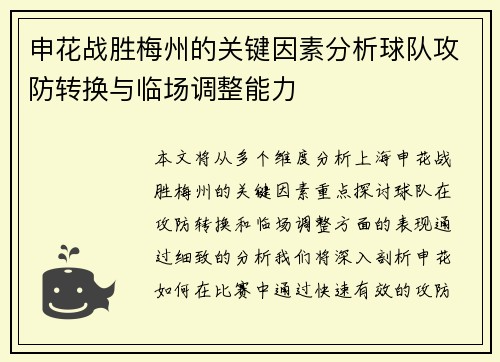 申花战胜梅州的关键因素分析球队攻防转换与临场调整能力
