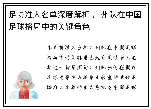 足协准入名单深度解析 广州队在中国足球格局中的关键角色